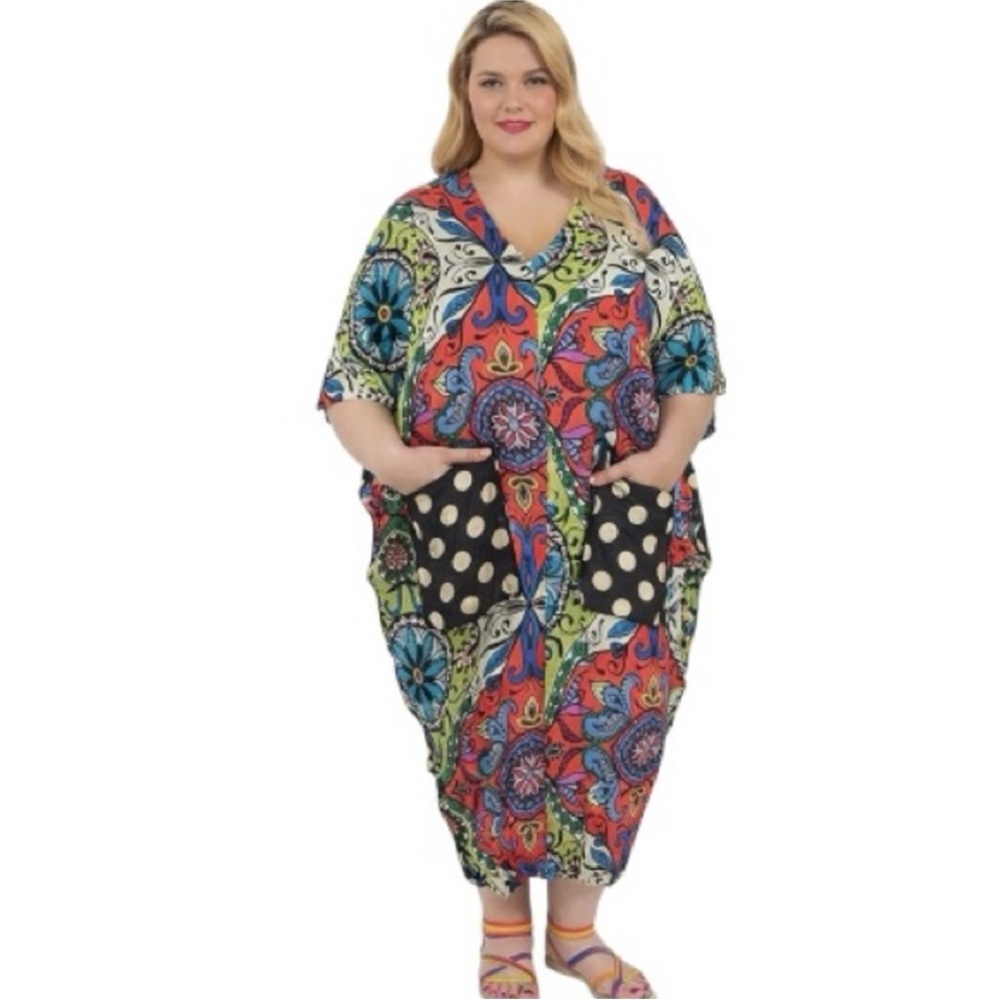 NWT Alembika Paisley Dot Crinkle Caftan Dress Multi Size 3X